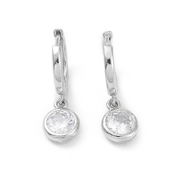 Flat Round Rack Plating Brass Cubic Zirconia Hoop Earrings, Long-Lasting Plated Dangle Earrings for Women, Lead Free & Cadmium Free, Platinum, 25mm, Pin: 1mm