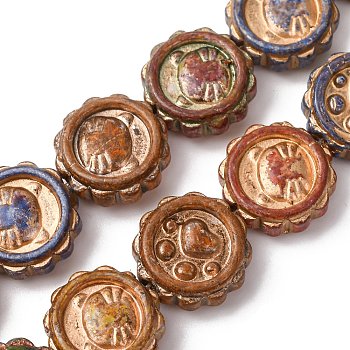 Painted Glass Beads Strands, Golden Metal Enlaced, Flat Round with Mixed Shapes, Mixed Color, 15x5.5mm, Hole: 1.5mm, about 25pcs/strand, 14.76''(37.5cm)