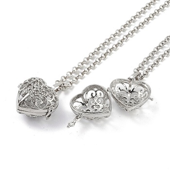 Brass with Rhinestone Pendant Necklaces, Iron Rolo Chains, Heart, Platinum, 32.28 inch(820mm)