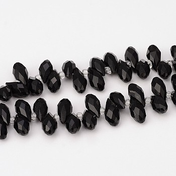 Faceted Teardrop Glass Beads Strands, Top Drilled Beads, Black, 12x6mm, Hole: 1mm, about 100pcs/strand, 15.7 inch