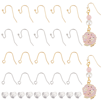 160Pcs 4 Style Brass Earring Hooks, Shepherd's Hook Ear Wire, with 160Pcs Plastic Ear Nuts, Real Gold Plated & Real Platinum Plated, 12~15x17~21x0.6~1.5mm, Pin: 0.6mm, 40Pcs/style