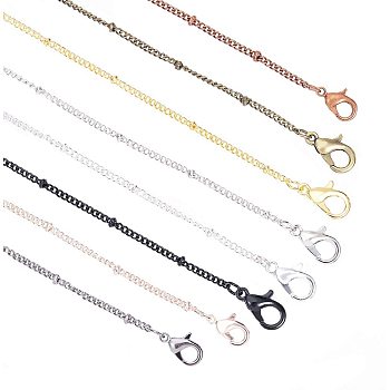 Brass Coated Iron Curb Chain Necklace Making, with Beads and Lobster Claw Clasps, Mixed Color, 32 inch(81.5cm), 5pcs/color, 40pcs/box