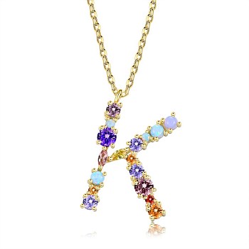 Brass Micro Pave Cubic Zirconia Pendant Necklaces, Initial Necklaces, with Cable Chains, Letter K, Colorful, Golden, 15-3/4 inch(40cm)