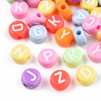 Opaque Acrylic Beads, Flat Round with Random White Letter A~Z, Mixed Color, 7x4mm, Hole: 1.8mm, about 3600pcs/500g
