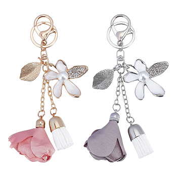 CHGCRAFT 2Pcs 2 Colors Alloy Rhinestone Keychain, with Cloth Tassel and Alloy Findings, Flower & Leaf, Platinum & Golden, 15cm, 1pc/color