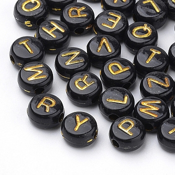 Opaque Acrylic Beads, Metal Enlaced, Horizontal Hole, Flat Round, Mixed Letters, Black, 7x4mm, Hole: 2mm, about 370pcs/50g