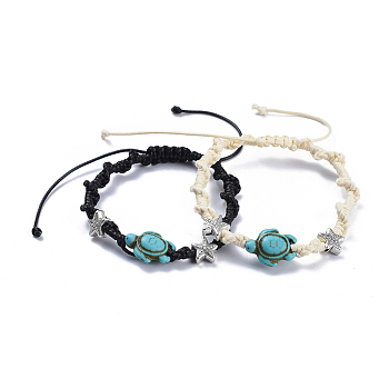 Adjustable Eco-Friendly Korean Waxed Polyester Cord Braided Bead Bracelets Sets, with Alloy Findings and Synthetic Turquoise(Dyed) Beads, Tortoise, Mixed Color, 2 inch~3-3/8 inch(5.1~8.6cm), 2pcs/set