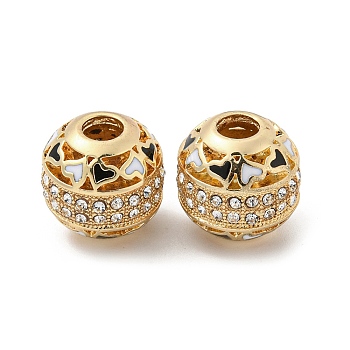 Alloy Enamel European Beads, with Rhinestone, Large Hole Beads, Round with Heart, Golden, 13.5x13mm, Hole: 4.5mm