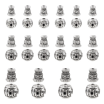 20 Set 3 Style Tibetan Style Alloy 3 Hole Guru Beads, T-Drilled Beads, Gourd with Om Mani Padme Hum, Antique Silver, 18~22mm, Bead: 10~14x9~13mm, Hole: 3mm, Tower: 9~11x8~10mm, Hole: 2mm, 2Pcs/set