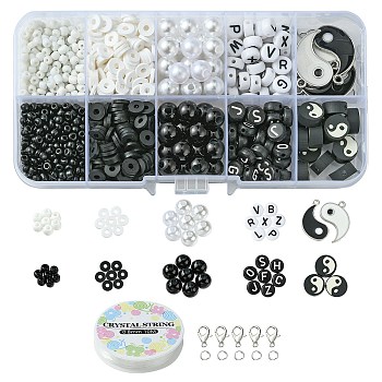 DIY Yin Yang Theme Jewelry Set Making Kit, Include Round Glass Seed & Letter Acrylic & Polymer Clay & ABS Plastic Beads, Alloy Enamel Pendants, Iron Jump Rings, Alloy Clasps, Elastic Thread, Mixed Color, Beads: 869Pcs/set