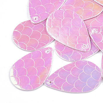 PU Leather Pendants, Teardrop with Mermaid Fish Scale Pattern, Pearl Pink, 39.5x25x1mm, Hole: 1.5mm