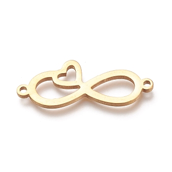 304 Stainless Steel Links, Infinity with Heart, Golden, 10.5x26.5x1.5mm, Hole: 1.2mm