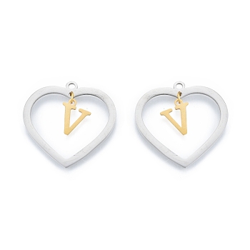 201 Stainless Steel Pendants, Hollow, Heart with Letter A~Z, Real Gold Plated & Stainless Steel Color, Letter.V, 29x29.5x1mm, Hole: 2mm, A~Z: 12x8~10.5x1mm
