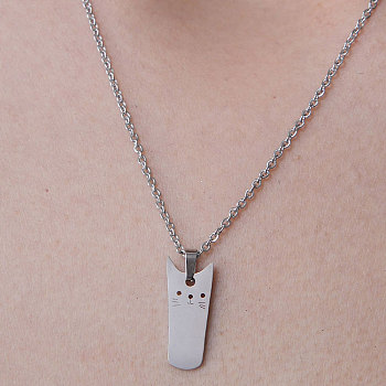 201 Stainless Steel Cat Shape Pendant Necklace, Stainless Steel Color, 17.72 inch(45cm)