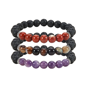 3Pcs 3 Colors Dyed Natural Agate Beads Stretch Bracelets, with Synthetic Lava Rock Beads, Alloy Beads and Velvet Bag, Round, Mixed Color, Inner Diameter: 2-1/8 inch(5.5cm), 1pc/color