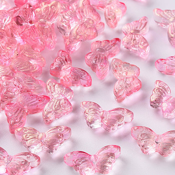 Transparent Spray Painted Glass Beads, with Glitter Powder, Butterfly, Hot Pink, 8x15x4.5mm, Hole: 1mm