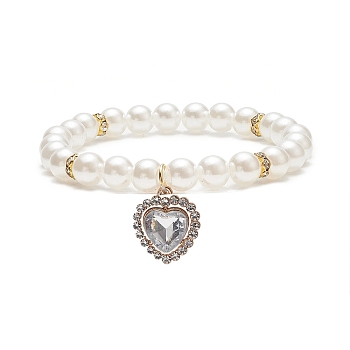 Acrylic Pearl Round Beaded Stretch Bracelet with Alloy Rhinestone Heart Charms for Women, Crystal, Inner Diameter: 2~2-1/8 inch(5~5.5cm)