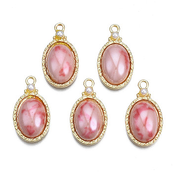 Rack Plating Alloy Pendants, with Porcelain and ABS Plastic Imitation Pearl, Long-Lasting Plated, Golden, Cadmium Free & Lead Free, Oval, Light Coral, 23.5x13x5.5mm, Hole: 2mm