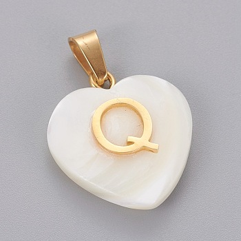 Shell Pendants, with 304 Stainless Steel Findings, Heart with Letter, Golden, Letter.Q, 23.5x20x7mm, Hole: 3.5x7mm