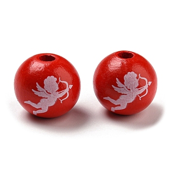 Printed Wood Beads, Valentine's Day Round Beads, Red, Angel & Fairy, 16mm, Hole: 3~4.4mm
