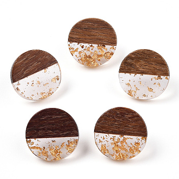 Resin & Walnut Wood Flat Round Stud Earrings with 304 Stainless Steel Pin for Women, Gold, 18mm, Pin: 0.7mm