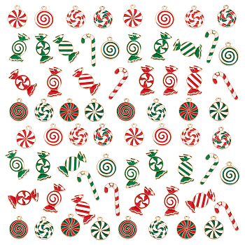 Elite 68Pcs 17 Style Christmas Themed Alloy Enamel Pendants, Golden, Candy Cane & Candy, Mixed Color, 18~25x10.5~15x1.3~1.5mm, Hole: 1.2~1.6mm, 4pcs/style