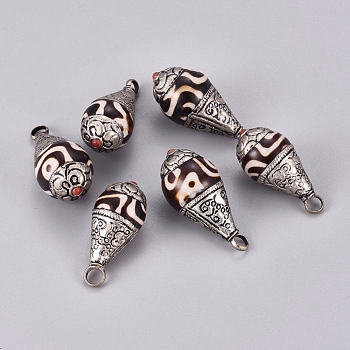 Handmade Tibetan Style dZi Pendants, teardrop, Antique Silver, 33x16mm, Hole: 3.5mm