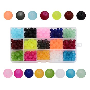1Box 15 Color Transparent Glass Beads, Frosted, Round, Mixed Color, 4mm, Hole: 1.3~1.6mm, about 100pcs/color, 1500pcs/box