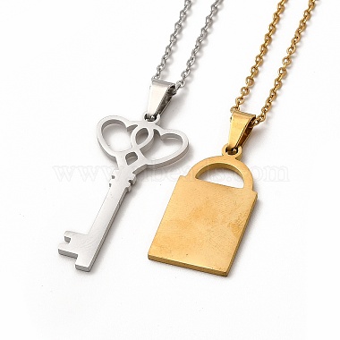 Heart Skeleton Key & Padlock Couple Pendant Necklaces & Stud Earrings(SJEW-E045-02GP)-3