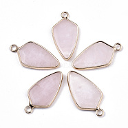 Natural Rose Quartz Pointed Pendants, with Light Gold Plated Brass Edge, Arrows, 28~29x14~15x3mm, Hole: 2.5mm(G-N326-42E)
