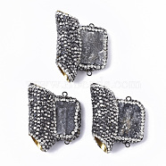 Dyed Natural Druzy Quartz Chandelier Components Links, with Gunmetal Iron Loop, Polymer Clay Rhinestones & Brass Findings, Rectangle, Gray, 39~45x30~33x14mm, Hole: 9mm & 2mm(RB-Q215-010A)