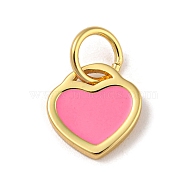Rack Plating Brass Charms, with Jump Ring and Enamel, Cadmium Free & Lead Free, Long-Lasting Plated, Heart Charm, Real 18K Gold Plated, Pearl Pink, 10x9.5x1mm, Hole: 4.4mm(KK-A200-03G-01)