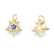 Brass Micro Pave Clear Cubic Zirconia Charms, with Enamel and Jump Rings, Real 18K Gold Plated, Nickel Free, Star with Evil Eye, Medium Blue, 13x11.5x2.5mm, Jump Ring: 5mm in diameter, 1mm thick, 3mm thick(KK-N227-107A)