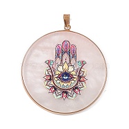 Painted Natural Rose Quartz Big Pendants, Flat Round Charm, with Light Gold Tone Brass Findings, Colorful, Hamsa Hand Pattern, 55x51x3.5mm, Hole: 2.5x6.5mm(G-G929-01KCG-01)