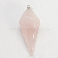 Gemstones Pendants, with Brass Clasp, Faceted Cone Pendulum, Platinum, Rose Quartz, 31~37.5x14~16mm, Hole: 1.7mm(G-I023-02)
