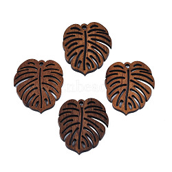 Natural Walnut Wood Pendants, Monstera Leaf, Saddle Brown, 32x27x2mm, Hole: 2mm(X-WOOD-N011-004)