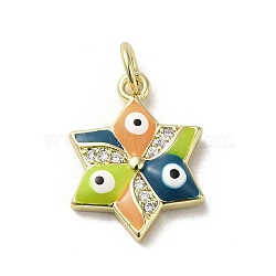 Brass Micro Pave Cubic Zirconia Pendants, with Enamel, with Jump Ring, Real 18K Gold Plated, Star with Evil Eye, Yellow Green, 17.5x13x3.4mm, Hole: 3.2mm(KK-E092-17G-03)