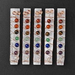 Chakra Jewelry, Natural Selenite Home Decorations, with Brass Wire Wrapped and Natural Gemstone Round Beads, Rectangle, 75~95x10~15x7~14mm(X1-G-L520-H01)