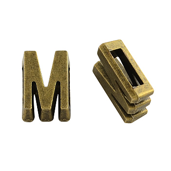 Tibetan Style Alloy Letter Slide Charms, Cadmium Free & Nickel Free & Lead Free, Letter.M, 11x2~8x4mm, Hole: 7x2mm