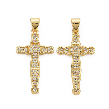 Brass Micro Pave Clear Cubic Zirconia Pendants, Nickel Free, Cross, Real 16K Gold Plated, 30x16.5x2mm, Hole: 3x4.5mm