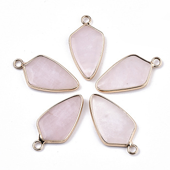 Natural Rose Quartz Pointed Pendants, with Light Gold Plated Brass Edge, Arrows, 28~29x14~15x3mm, Hole: 2.5mm