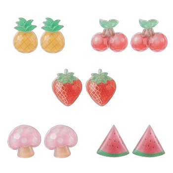 Resin Fruits Stud Earrings, 304 Stainless Steel Jewelry, Mixed Shapes, 18.5~22.5x15~22mm