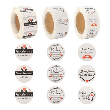 6 Rolls 3 Style Word Handmade with Love Self-Adhesive Kraft Paper Stickers, Flat Round Adhesive Labels Roll Stickers, Gift Tag, Mixed Color, 25mm, about 500pcs/roll, 2 rolls/style