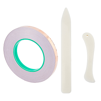 Tools Sets, Including Copper Foil Adhesive Tapes, Conductive Copper Tape for Guitar & EMI Shielding, ABS Plastic Bone Folders, Mixed Color, Tapes: 12mm, 50m/roll, 1 roll, Folder: 118~250x24~28x4.5~5mm, 2pcs