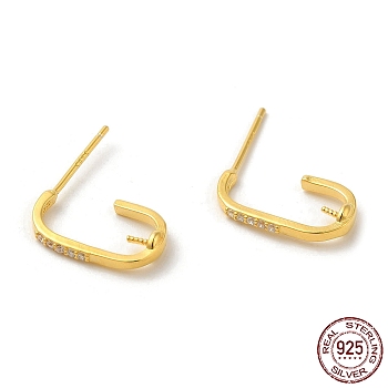 Oval 925 Sterling Silver Micro Pave Cubic Zirconia Stud Earing Findings, Half Hoop Earring Findings for Half Drilled Beads, with S925 Stamp, Real 18K Gold Plated, 14x1.5mm, Pin: 0.9mm and 11x0.9mm