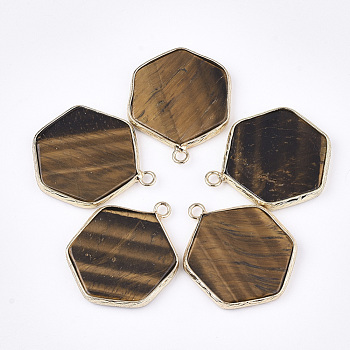 Natural Tiger Eye Pendants, with Brass Findings, Hexagon, Golden, 30~31x24~25x2~3mm, Hole: 2mm