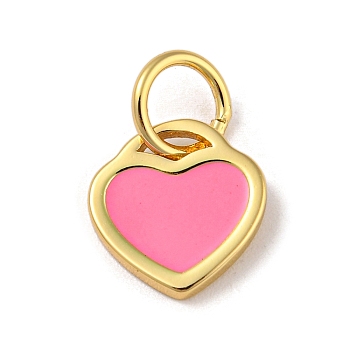 Rack Plating Brass Charms, with Jump Ring and Enamel, Cadmium Free & Lead Free, Long-Lasting Plated, Heart Charm, Real 18K Gold Plated, Pearl Pink, 10x9.5x1mm, Hole: 4.4mm