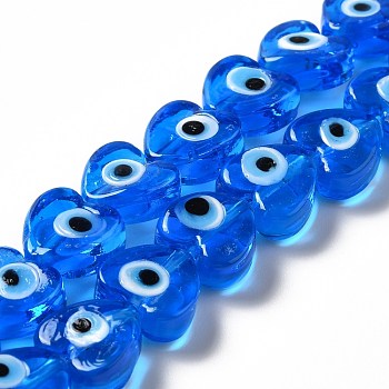 Handmade Evil Eye Lampwork Beads Strands, Heart, Dodger Blue, 12x12x6mm, Hole: 1.4mm, about 33pcs/strand, 14.37''~14.57''(36.5~37cm)