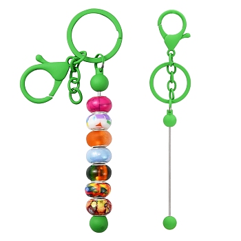 Baking Painted Alloy and Brass Bar Beadable Keychain for Jewelry Making DIY Crafts, with Lobster Clasps, Lime Green, 15.8x2.4cm