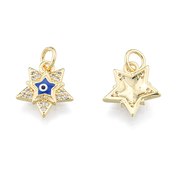 Brass Micro Pave Clear Cubic Zirconia Charms, with Enamel and Jump Rings, Real 18K Gold Plated, Nickel Free, Star with Evil Eye, Medium Blue, 13x11.5x2.5mm, Jump Ring: 5mm in diameter, 1mm thick, 3mm thick